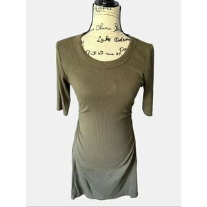 Michael Stars Olive Green Ribbed Ruched Dress Size LP Petite Large Cotton Modal